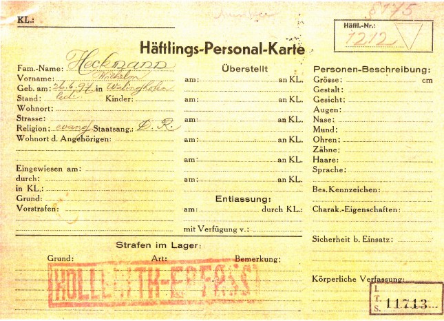 Häftlings-Personal-Karte Mauthausen (Vorderseite)