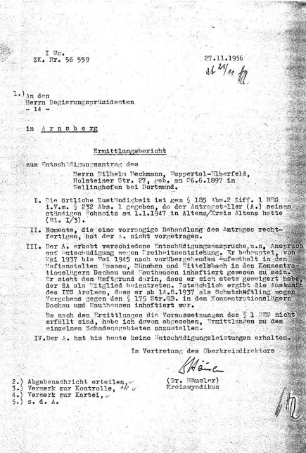 Ermittlungsbericht zum Antrag auf "Wiedergutmachung" und Entschädigung von Wilhelm Heckmann