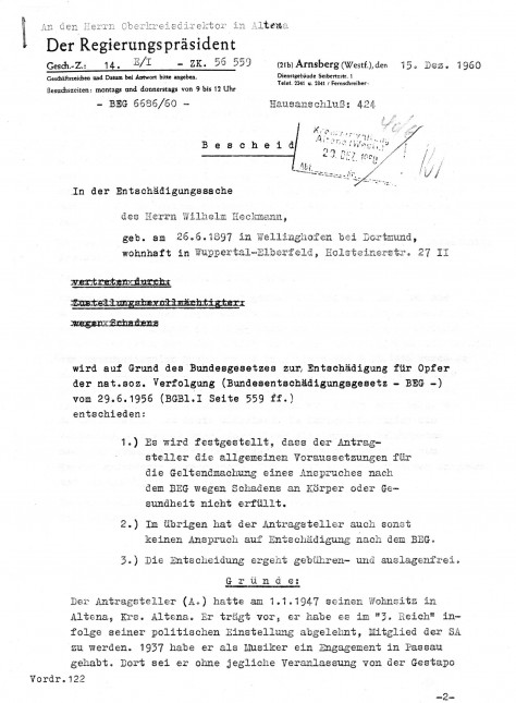 Bescheid des Regierungsbezirkes Arnsberg zum Entschädigungsantrag von Wilhelm Heckmann Seite 1 von 3