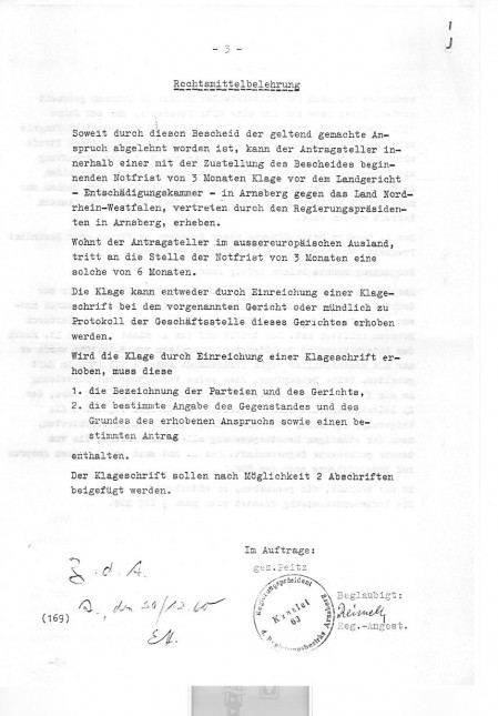 Bescheid des Regierungsbezirkes Arnsberg zum Entschädigungsantrag von Wilhelm Heckmann Seite 3 von 3
