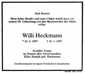 Todesanzeige (Westdeutsche Zeitung - Nr. 72 v. 25.3.1995)